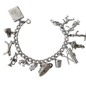Sterling Silver Vintage Loaded 14 Special Charms Bracelet 7" Long E631